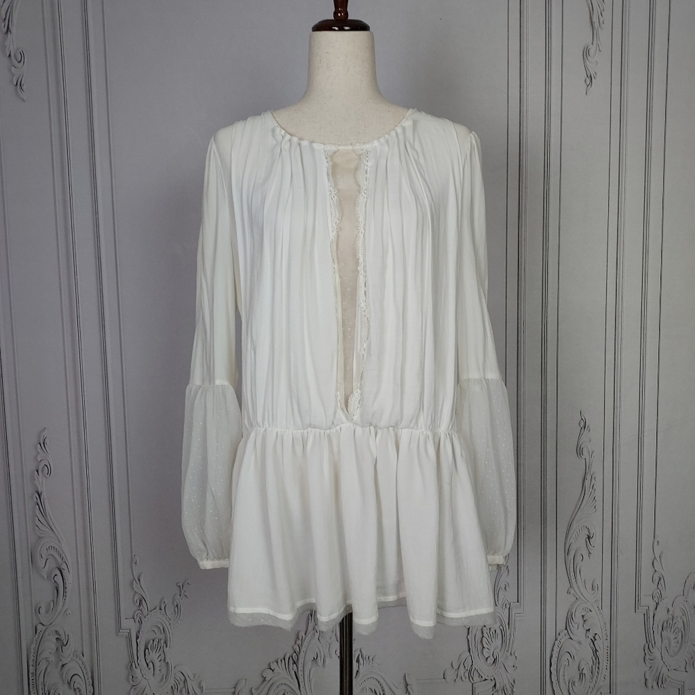 Free People Boho Split-Back Peplum Flowy Oversized Blouse White Sz M
